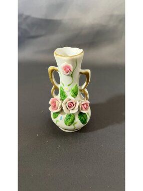 Mini Porcelain Vase With Pink Roses Gold Trim Taiwan Vintage